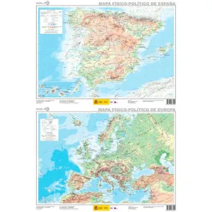 MAPA ESPAÑA EUROPA FÍSICO POLITICO PLASTIF 52 * 38